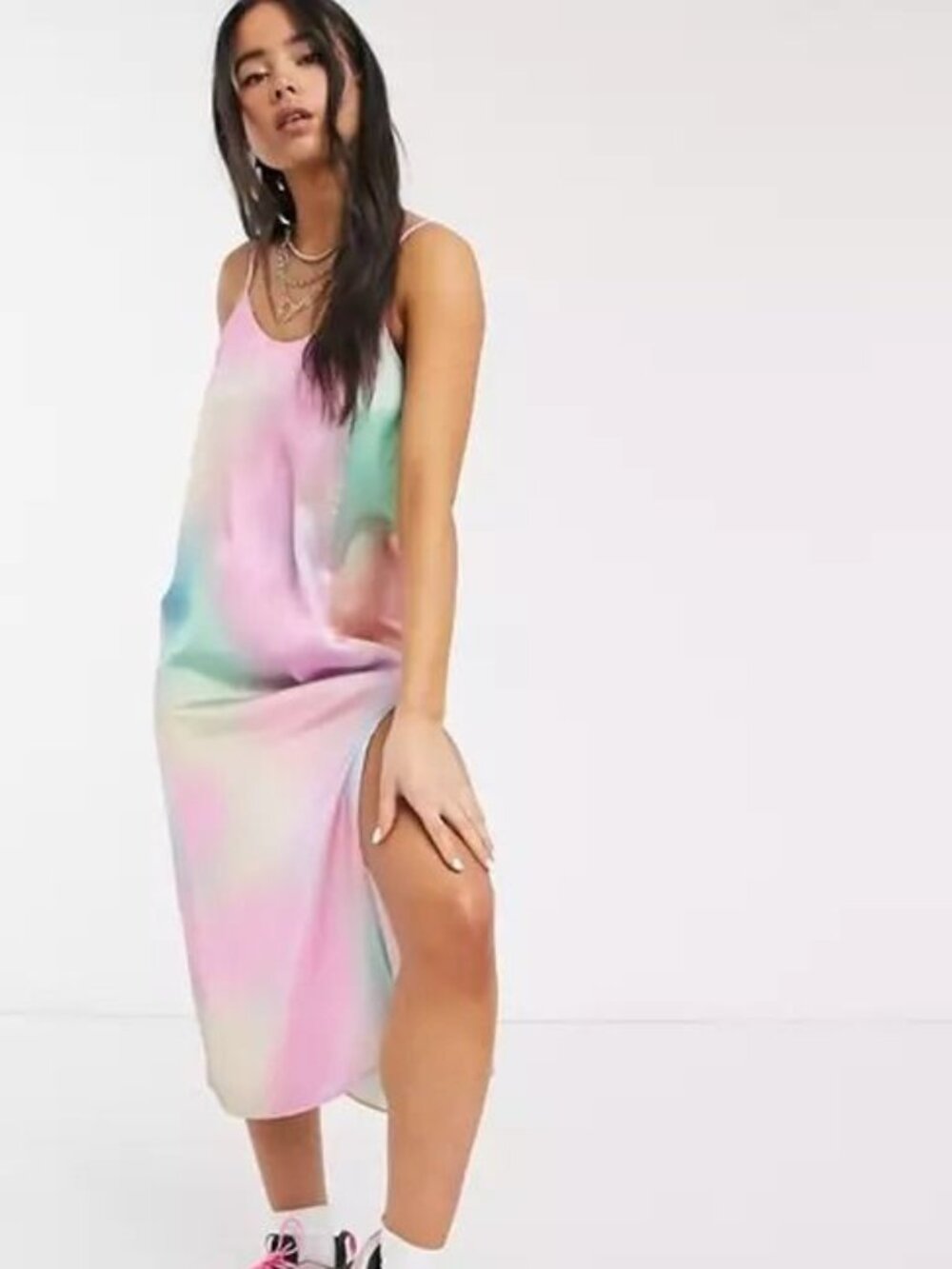 ASOS Collusion Tie Dye Satin Scoop Neck Slip Midi Dress